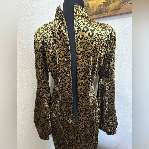Ina Velvet Leopard Print Long Puff Sleeve Midi Dress - Size Large - Picture 5 of 8